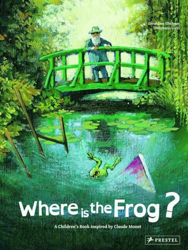 Painted cover of children’s book featuring a pond, bridge, and frog.