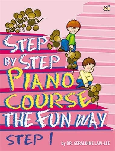 Piano course book cover with cartoon monkeys and children on stairs.
