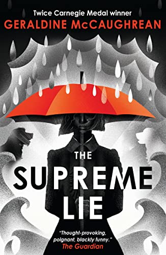 Book cover: person under red umbrella in falling rain, title "The Supreme Lie".