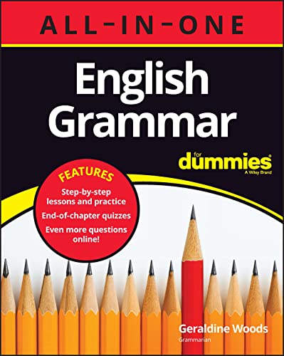 Book cover: "English Grammar All-in-One For Dummies" with pencils.