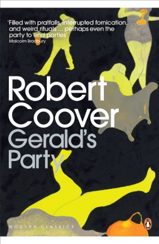 Book cover for "Gerald's Party" with abstract figures on a dark background.