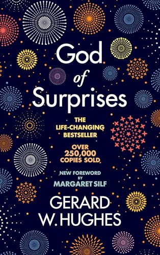 Book cover of God of Surprises by Gerard W. Hughes with colorful firework illustrations.