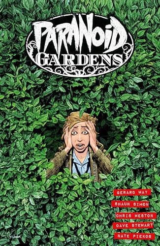 Woman with shocked expression peeks from dense green foliage.