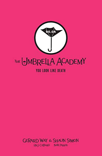 Pink book cover with a black umbrella logo and "The Umbrella Academy" text.
