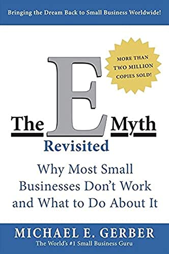 Book cover for “The E Myth Revisited” with a large letter “E”.