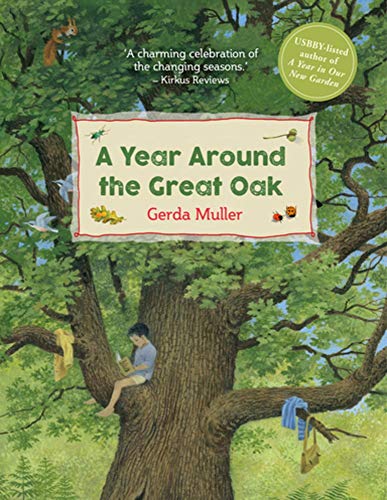 Book cover: a child reading in a large oak tree with animals.
