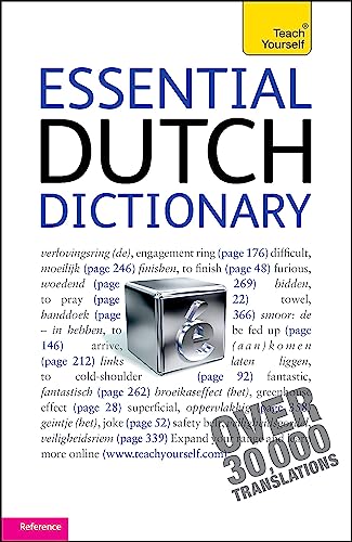 Essential Dutch Dictionary cover with blue and yellow text, sample words shown.