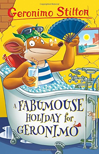 Geronimo Stilton mouse in a bathtub with a drink and fan.