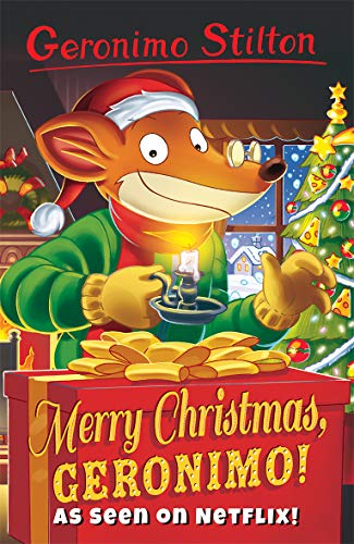 Geronimo Stilton in a Santa hat looks at a lit candle and gifts.