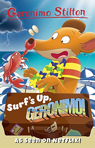 Geronimo Stilton book cover with a mouse, crab, and beach scene.