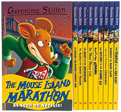 Ten Geronimo Stilton books stacked, featuring a cartoon mouse character.