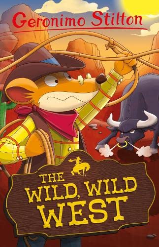 Geronimo Stilton as a cowboy with a bison in a Western scene.