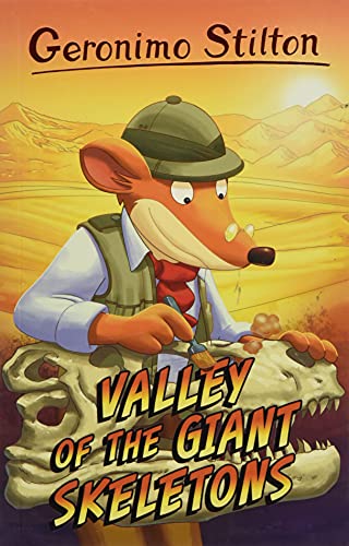 Cartoon mouse explorer examining a large dinosaur skeleton in a desert.