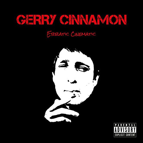 "Album cover with a white illustration of a man on a black background."
