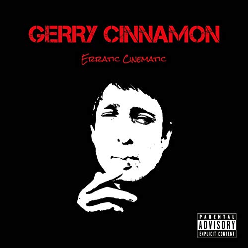 Black and white portrait of Gerry Cinnamon with red text overlay.