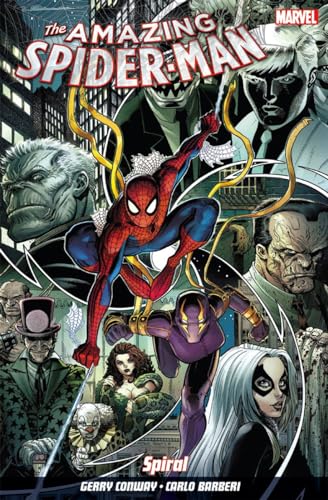 Spider-Man in red and blue suit, surrounded by villains on book cover.
