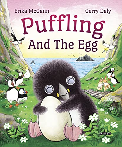 Book cover: a fluffy puffin chick emerging from a large egg.