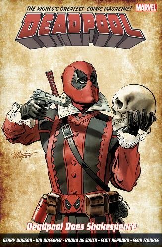 Deadpool in Elizabethan attire with a skull, comic book cover.