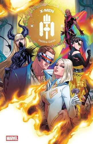 X-Men characters in formal wear with fiery and floral backgrounds.