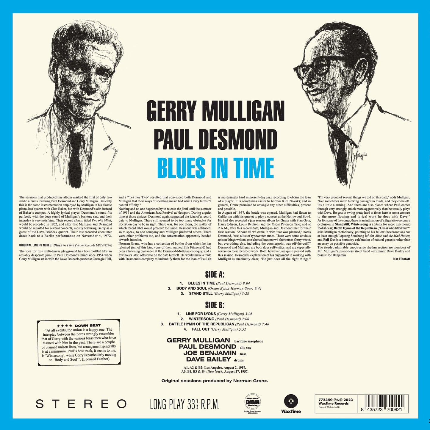 Vinyl back cover featuring line-art portraits of Gerry Mulligan and Paul Desmond on blue.