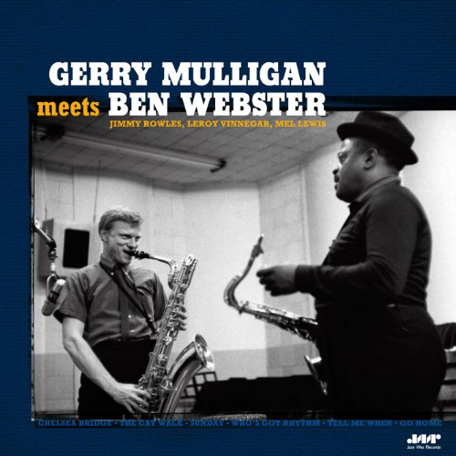 Black and white photo of Gerry Mulligan and Ben Webster playing saxophones.