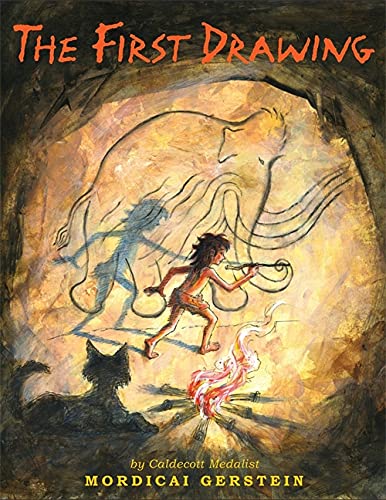 Cave painting of a mammoth and human figure illuminated by fire.