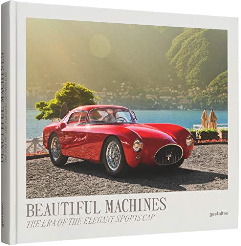 Red vintage sports car parked by a lake, book cover shown.
