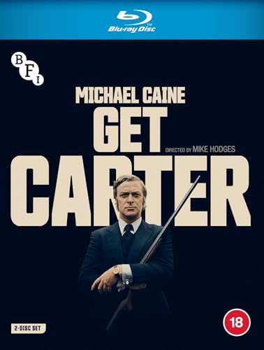 “Get Carter” Blu-ray cover featuring Michael Caine in a suit, holding a gun.