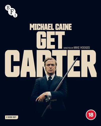 Blu-ray cover for "Get Carter" featuring Michael Caine with a gun.