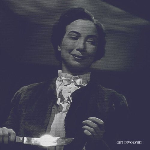 Black and white portrait of a woman holding a knife, distorted effect.