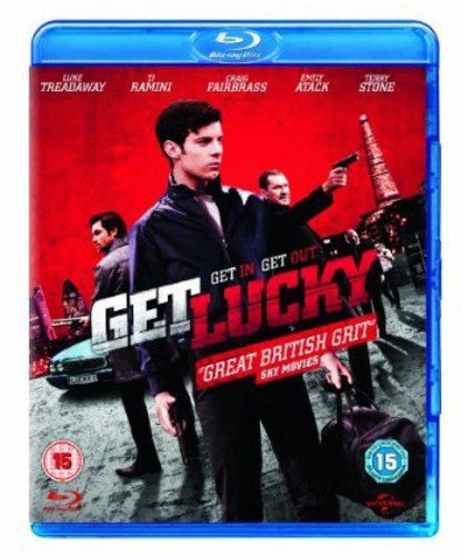 Blu-ray cover for the film Get Lucky featuring three men against a red background.