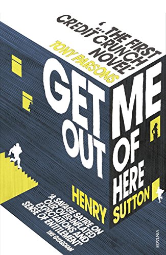 Book cover: "Get Me Out of Here" by Henry Sutton, blue and white design.
