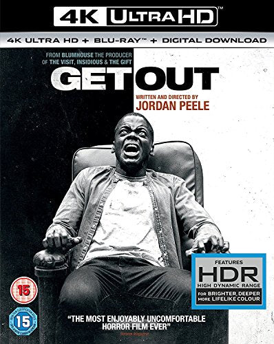 "Blu-ray case for 'Get Out' film, featuring a man screaming in a chair."