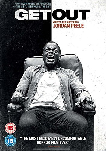 Get Out" DVD cover featuring a distressed man in an armchair.