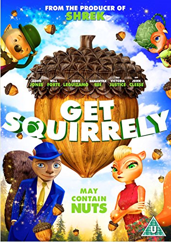 "Animated movie cover featuring anthropomorphic squirrels and an acorn with the title 'Get Squirrely'."