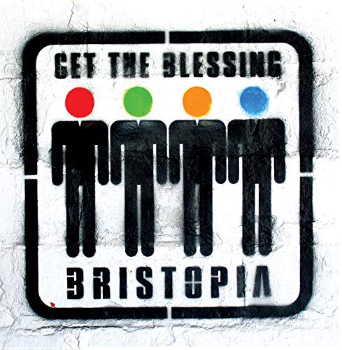 "Album cover with four black silhouettes and colored dots on a white background."