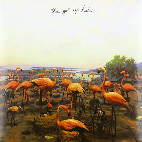 The image shows a vinyl record cover featuring pink flamingos. "Album cover with pink flamingos standing in a muddy landscape."