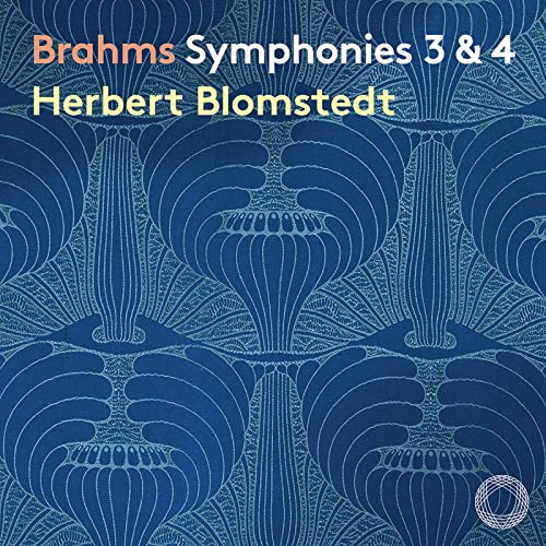 CD cover for Brahms Symphonies 3 & 4, blue patterned background.