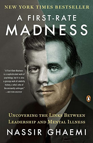 Book cover: split portrait of a man, title "A First-Rate Madness" visible.