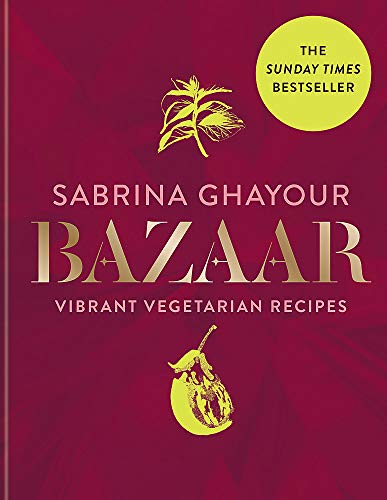 Cookbook cover: “Bazaar” with gold lettering, botanical illustration, and fruit.