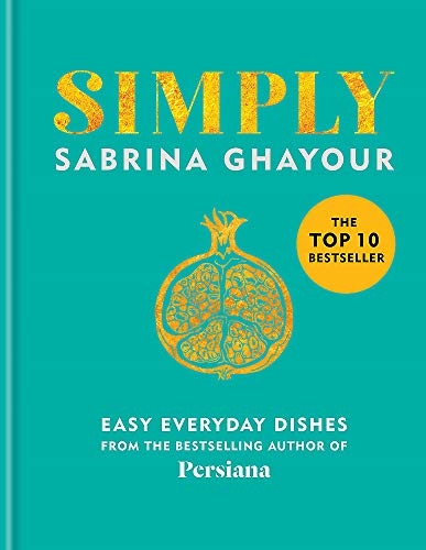 Cookbook cover: “Simply” by Sabrina Ghayour, with a golden pomegranate illustration.