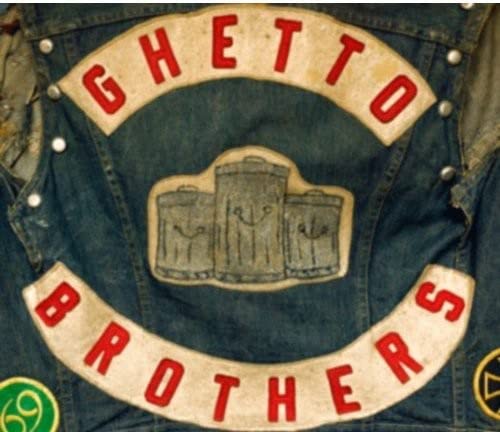 Denim jacket back patch reading "Ghetto Brothers" with drum imagery.