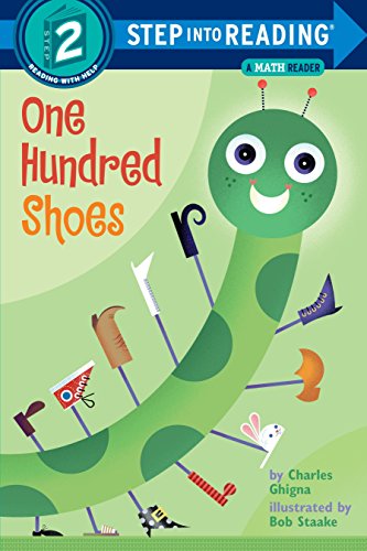 Book cover: "One Hundred Shoes" with a green caterpillar and colorful shoes.