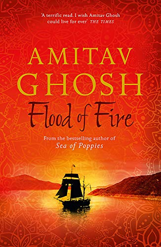 Book cover: red and orange with ship silhouette, author Amitav Ghosh.