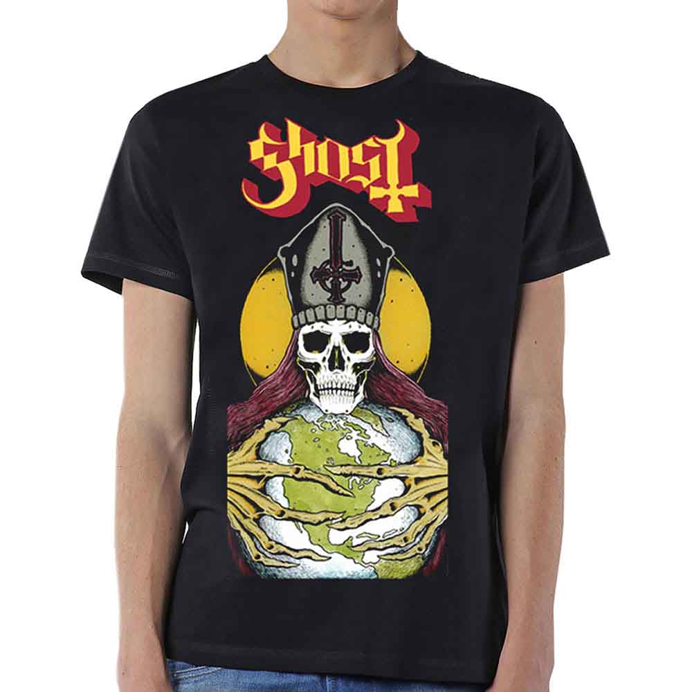 Black t-shirt with a large, colorful skull and cross graphic design.