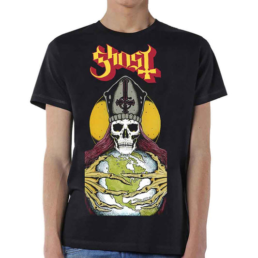 Black t-shirt with a large, colorful skull and cross graphic design.