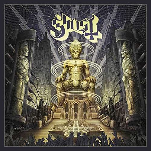 Ghost album cover: ornate statues, central figure, and crowd illustration.