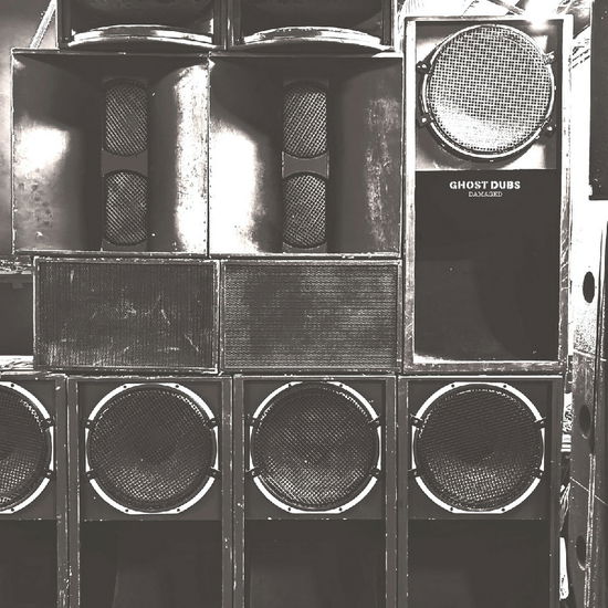 Black and white image of stacked speaker cabinets with “Ghost Dubs” text.