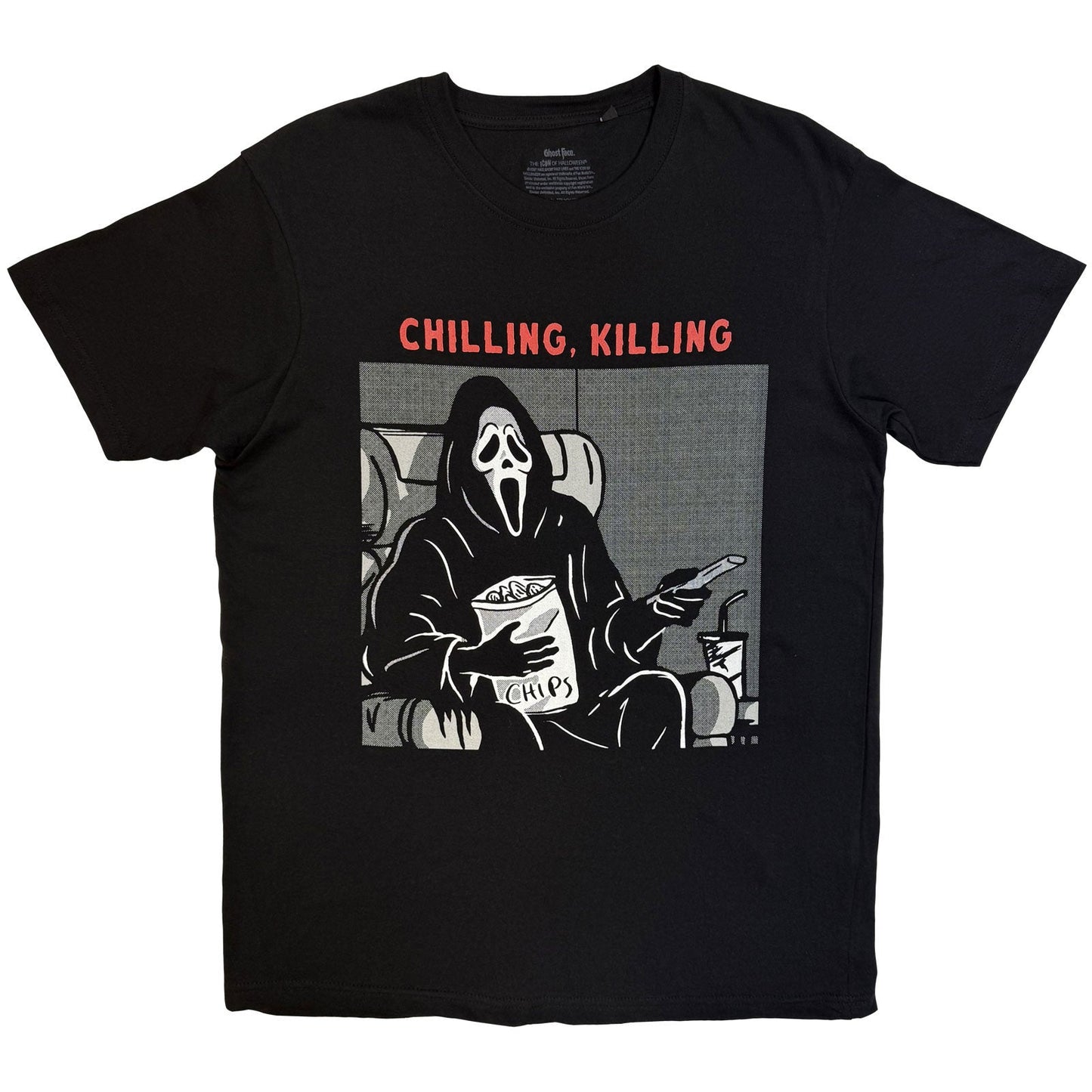 Black t-shirt with Ghost Face eating chips and holding a phone.
