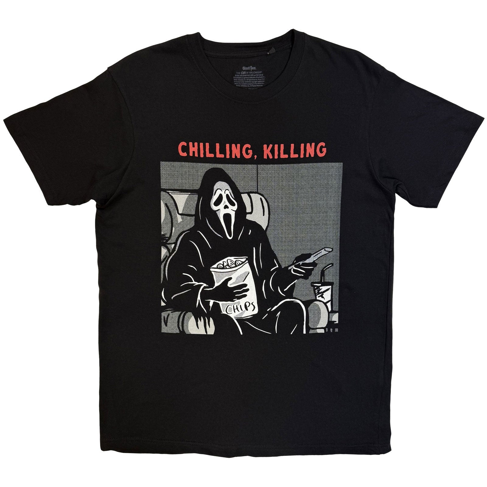 Black t-shirt with Ghost Face eating chips and holding a phone.